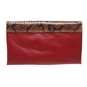 Back of clutch with ruby red leather and framed with snake skin look