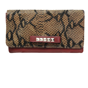 Snake skin clutch with ruby red background and front studs